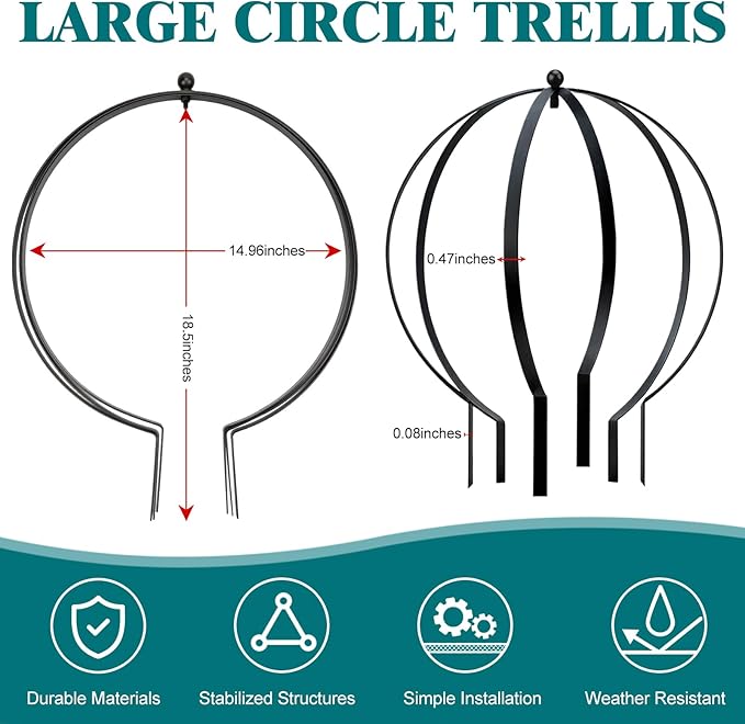 2 Pcs Large Metal Trellis Obelisks Sturdy Round Circle Trellis for Climbing Plant Support Indoor Outdoor Potted Vines, Cucumbers & Flowers, Patio Doorway Garden Decor (Black, 18.50 x15'')