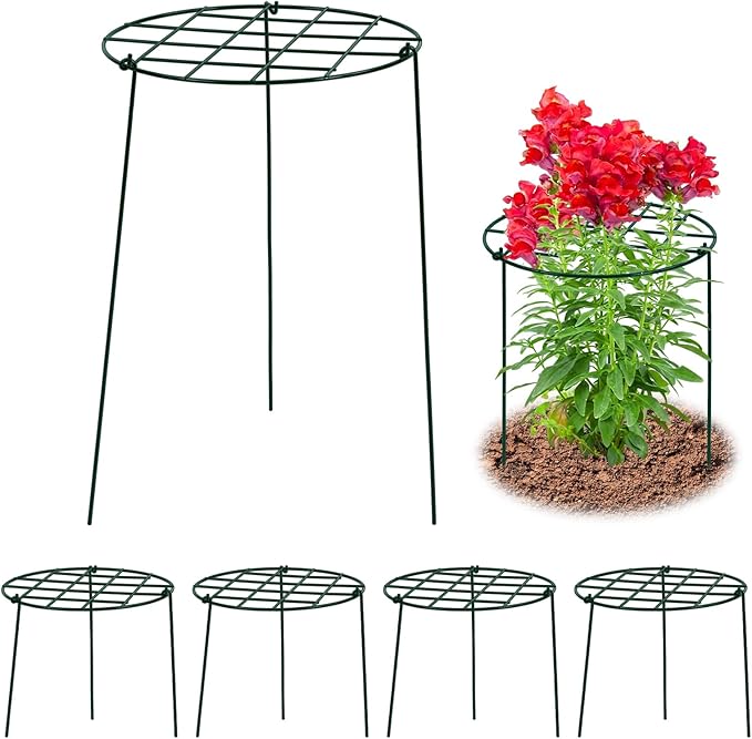 4 Pack Round Peony Cages and Supports 12 x 16 Inches (D x H) Grow Through Grid Plant Brace Plant Support Stake Heavy Duty Metal Flower Support Rings for Rose Tomato Hydrangea Strawberry
