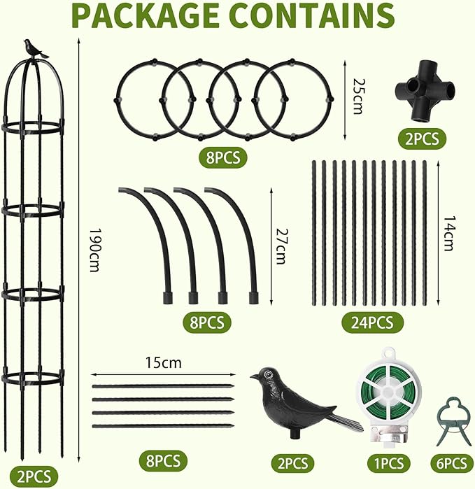 Garden Obelisk Trellis for Climbing Plants Outdoor, 2Pcs 6.2FT Rustproof Metal Plant Flower Trellises,Garden Obelisk Trellis for Indoor Outdoor Flowers Vegetable Fruits Vines Support (Black)