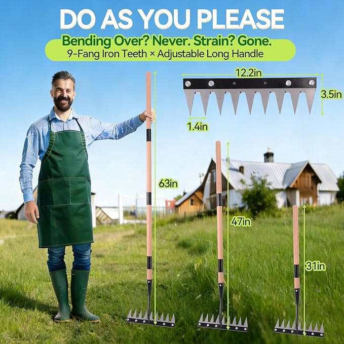 Gardenia Iron Weeding Rake with Handle 3.0,Heavy Duty Iron Rake for Gardening and Weeding,2026 Upgraded 9-Tine Garden Weed Puller Tool, Garden Weed Rake Tool for Removing Weeds,Soil Aeration (9 Teeth)