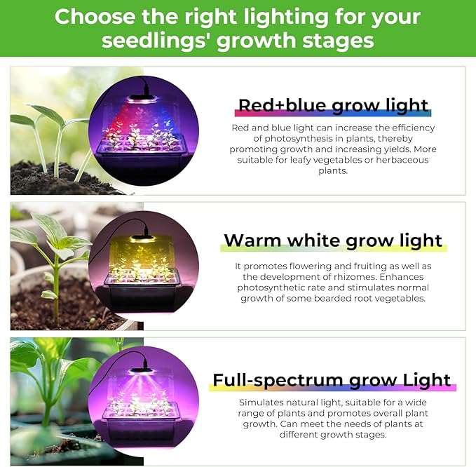 Seed Starter Tray with Grow Light, 6pcs Seed Starter Kits with Light and Humidity Domes, Timing Controller & Adjustable Brightness & 3 Light Mode, Indoor Seedling Starter Plant Germination Trays