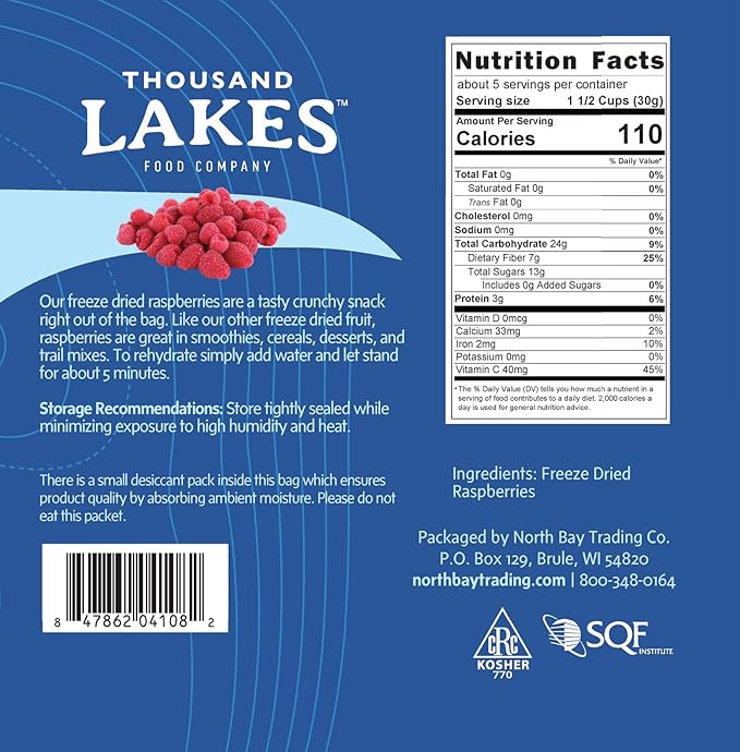 Thousand Lakes Freeze Dried Fruit - Raspberries - Bulk 5.6 ounces | No Sugar Added | 100% Whole Raspberries
