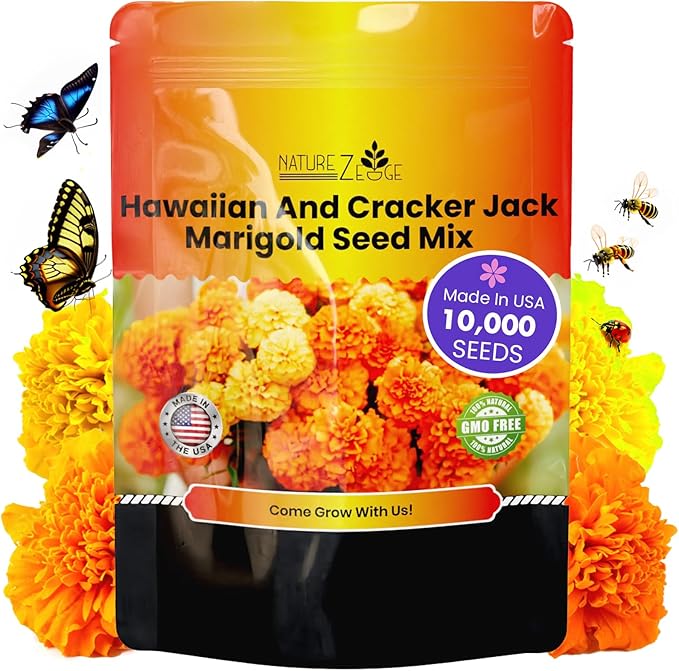 NatureZ Edge, Marigold Seeds for Planting Outdoors, 1 Ounce 10,000 Seed, Hawaiian and Cracker Jack Marigold Seeds, Made in USA, Companian Gardening Flower