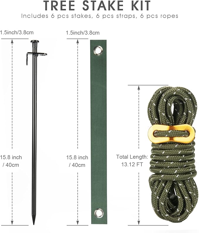 Heavy Duty Tree Stake Kits, 15.75 Inch Steel Tree Stakes and Supports for Young Tree Anti Strong Wind, Leaning Tree Anchor Straightening Kit with 6PCS Steel Stakes, 13.12 Feet Rope and Tree Straps