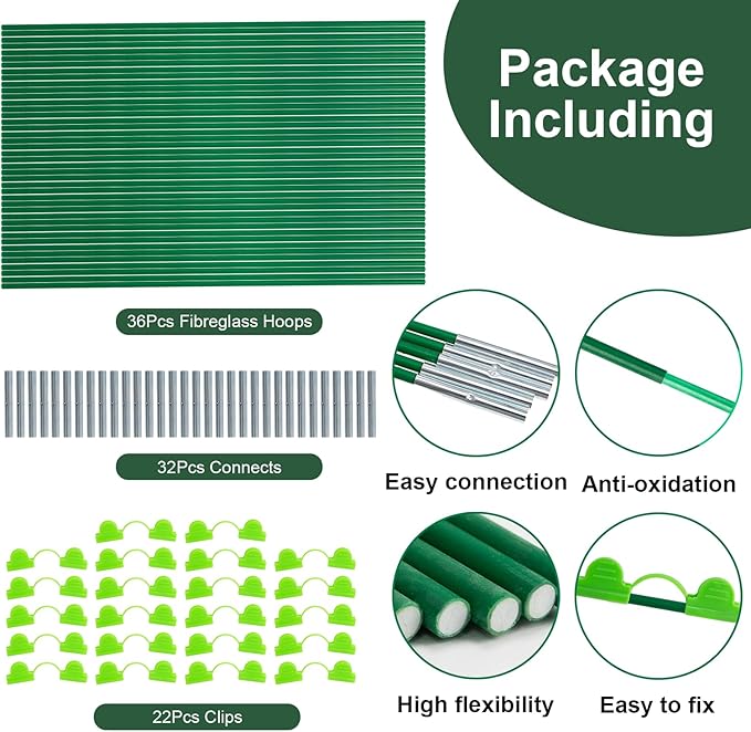 36Pcs Garden Hoops for Raised Beds,6 Sets of 8FT Long Greenhouse Hoops Grow Tunnel, Fiberglass Support Hoops Frame for Fabric Netting,DIY Plant Support Garden Stakes for Row Cover