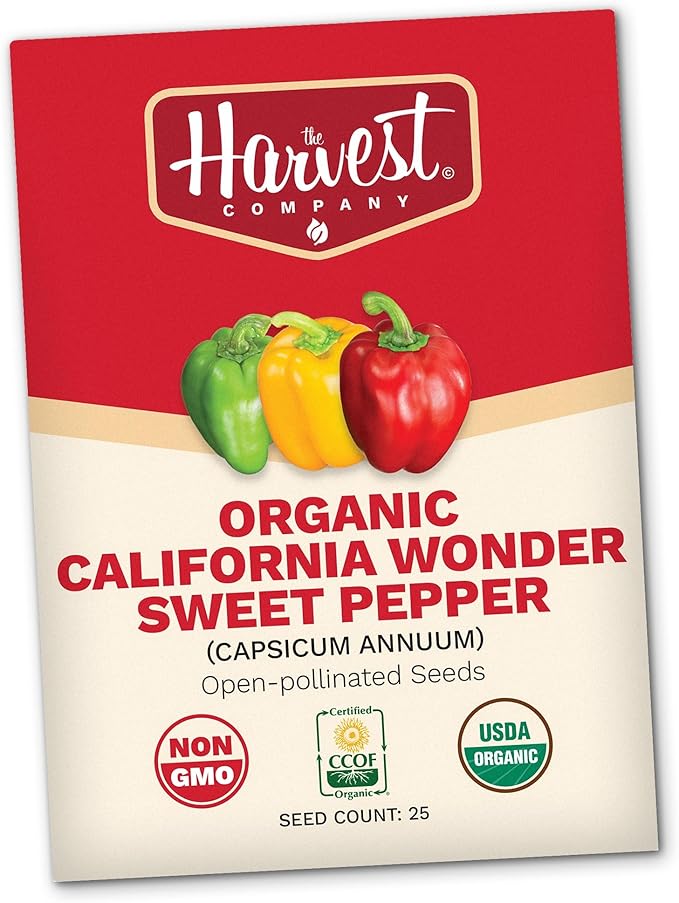 The Harvest Company Organic Seeds Collection – USDA Certified, Non-GMO, Open-Pollinated for Indoor & Outdoor Planting (California Wonder Sweet Pepper)