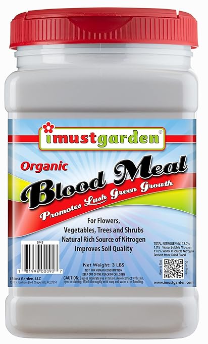 I Must Garden Organic Blood Meal: Provides Essential Nitrogen for Gardens, Flower Pots, and Beds - 3lb Shaker Jar