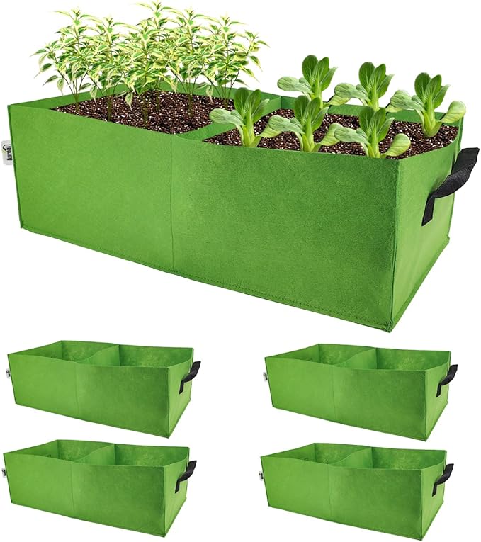 Plant Grow Bags, 5 Pack Fabric Raised Planting Bads, 2 Holes Rectangle Grow Bag, 10 Gallon Breathable Potato Tomato Planter Pots for Outdoor Vegetables Plant Flowers (Green)