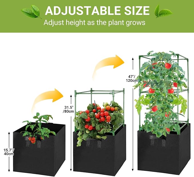 3 Pack Tomato Cages with 17 Gallon Grow Bags, 47” Heavy Duty Square Tomato Plant Stakes Support Cages Trellis for Garden Climbing Vegetables Flowers Fruits (47IN Tall, Extra-Bold)