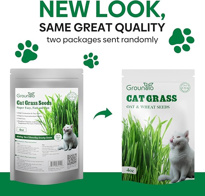 Cat Grass Seeds, 4 Oz, Non-GMO Wheat Cat Grass Seeeds & Oat Seeds Mix, High Germination Cat Grass Seeds Grown in USA for Indoor Cats
