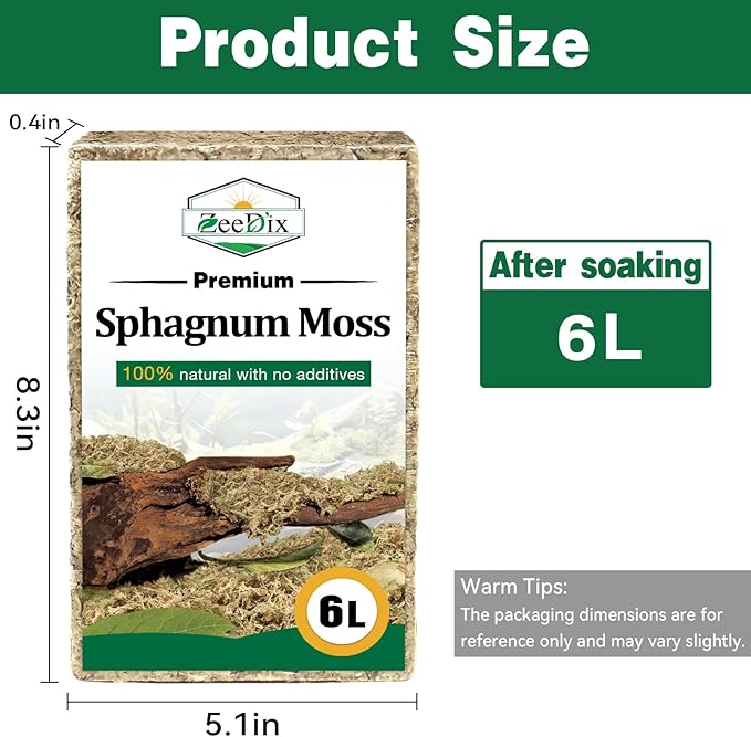 ZeeDix 5.3 oz Premium Sphagnum Moss for Plants Indoor, New Zealand Sphagnum Moss for Orchid Potting Mix Terrarium Succulent Carnivorous Ferns Hosta Garden & Reptile Habitat (Expands to 6L)