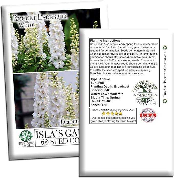 White Larkspur Rocket Flower Seeds (Delphinium ajacis) – 250+ Heirloom Non-GMO Seeds by Isla’s Garden Seeds, Tall Elegant Spikes, Cut Flower Garden Favorite, Cool-Season Annual Blooms, Gift Idea
