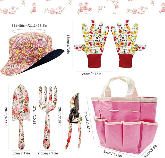SNAIL GARDEN 6Pcs Garden Tools with Reversible Fisherman Sun Hat & Storage Bag,Gardening Hand Tools, Durable Rust-Proof Gardening Supplies, Garden Kit for Women Female Gardeners
