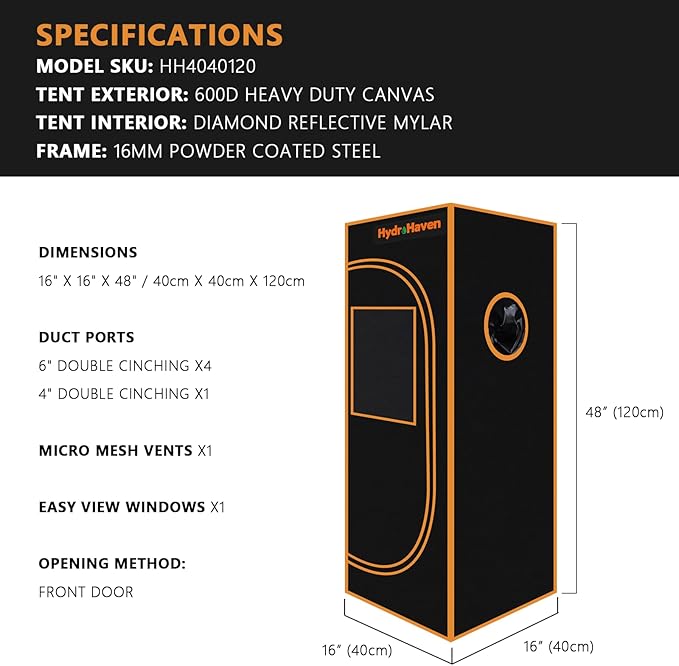 16"x16"x48" Grow Tent Kit - Heavy-Duty 600D Diamond Mylar Lining, 98% Reflective, Viewing Window & Waterproof Floor Tray for Hydroponics Indoor Growing