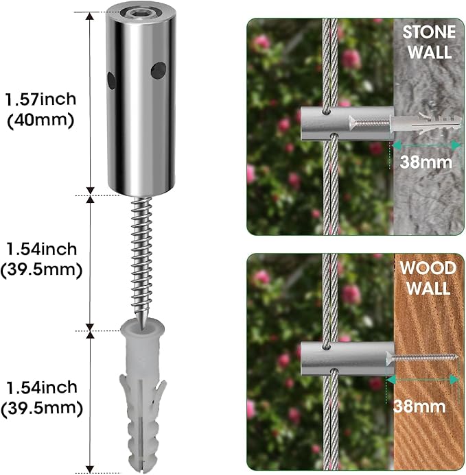 Wire Trellis Kit for Climbing Plants Outdoor - 10-Set Wall Mounted Trellis with 53Ft x 1/8" T316 Stainless Steel Rope, Heavy Duty Garden Wire Trellis System for Espalier & Vertical Gardening