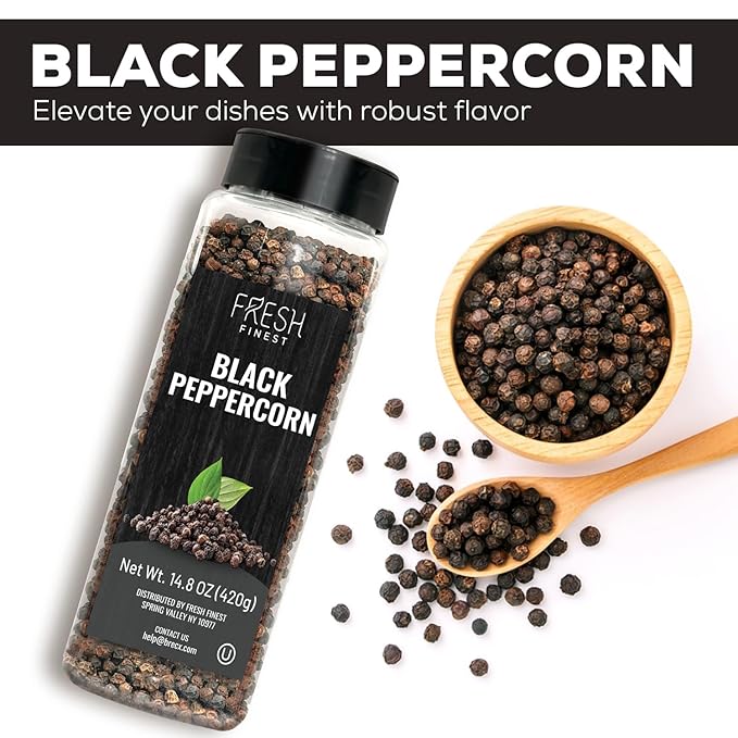 Fresh Finest Black Peppercorns 14.8oz - Premium Quality Whole Black Pepper - All-Natural, Non-GMO, Gluten-Free, Kosher - Perfect for Grinders, Cooking, and Seasoning