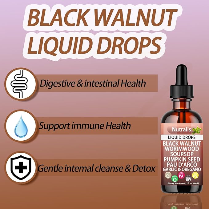 Nutralis Black Walnut Wormwood Gut Cleanse –Wormwood Black Walnut Clove Liquid Drops with Soursop, Pumpkin Seed, PAU D'arco, Garlic Oregano, Boosts Energy, Supports Gut Health & Nutrient Absorption