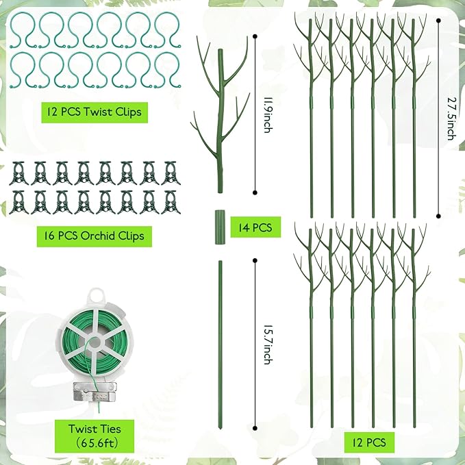 12 Pack Monstera Plant Support Stakes, 27.5 Inch Natural Looking Detachable Plant Stakes for Climbing Plants, Includes 16 Orchid Clips & 12 Twist Ties & 65ft Garden Tie Outdoor Indoor