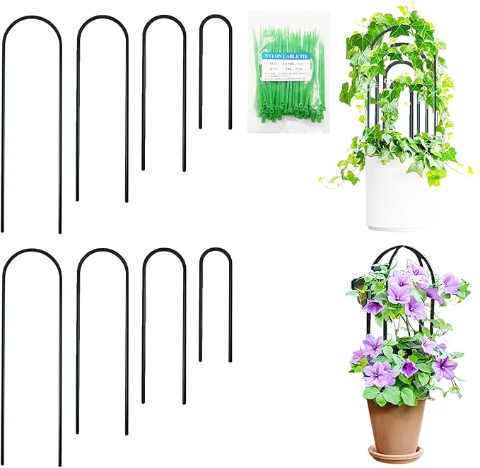SNAIL GARDEN 8 Pcs Small Trellis for Indoor Plants with 100Pcs Green Cable Zip Ties,4 Sizes Indoor Plant Trellis for Climbing Plants, U-Shaped House Plant Trellis for Potted Plants Hoya Ivy, Jasmine