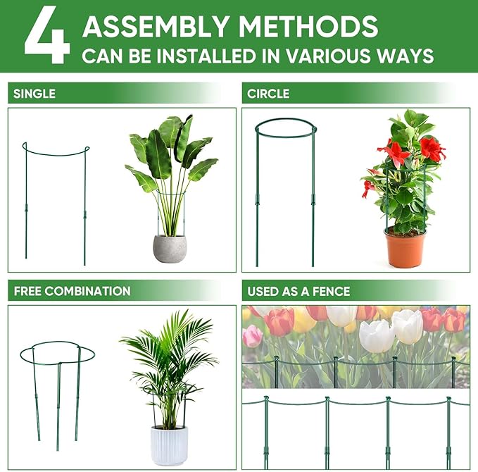 12 Pack 32 or 16 inch Adjustable Plant Support Stakes, Heavy-Duty Half Round Peony Support, Garden Plant Stakes Cage for Outdoor Plants, Peony, Tomato, Hydrangea, (16In Support +16In Extension Tubes)