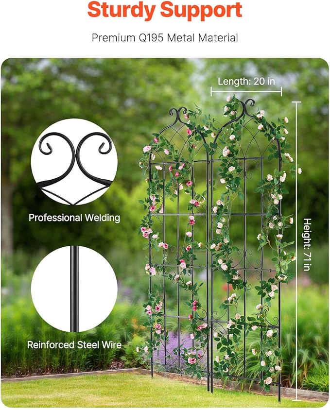 VEVOR 71 x 20 in, 2 Packs Rustproof Metal Garden Flower Trellis, Outdoor Climbing Rose & Cucumber Support, Decorative Clematis Trellis for Courtyards & Lawns