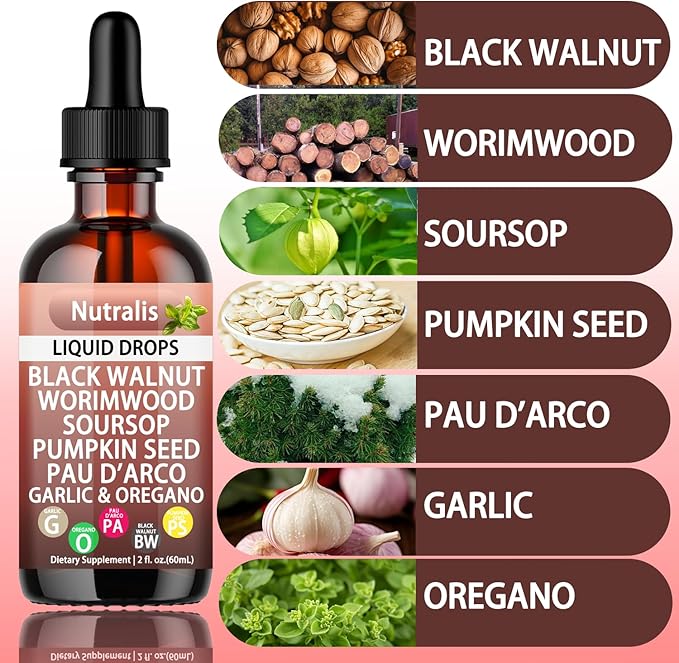 Nutralis Black Walnut Wormwood Gut Cleanse –Wormwood Black Walnut Clove Liquid Drops with Soursop, Pumpkin Seed, PAU D'arco, Garlic Oregano, Boosts Energy, Supports Gut Health & Nutrient Absorption