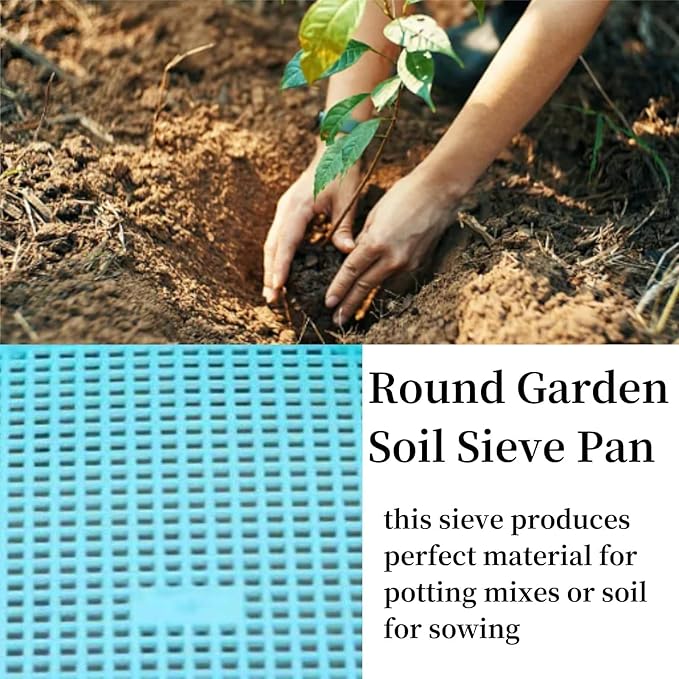 Round Garden Soil Sieve Pan, Gardening Sand Soil Compost Sifter 3mm Tetragonum Hole Soil Sifter Screen Filtering Earth and Stone Tools for Sieve Work of Small Gravel, Soil, Sand(Blue)