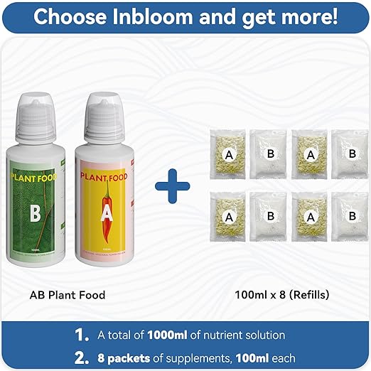 inbloom Hydroponic Nutrients (1000 ml in Total), Hydroponics Plant Food A&B for Aerogarden, Indoor Plant Fertilizer for Hydroponics Growing System Kit, Gardening Supplies for iDoo, Ahopegarden, Mugfa