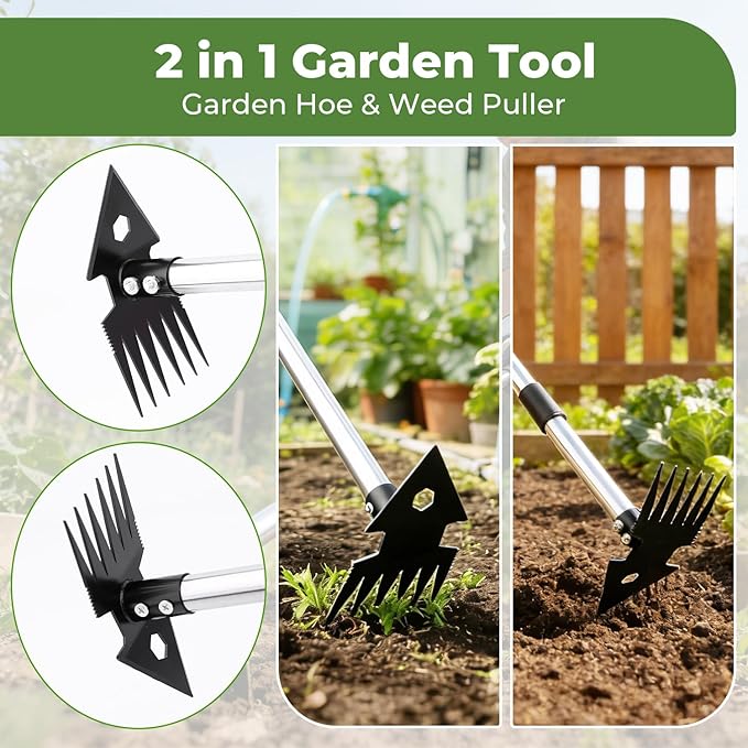 2-in-1 Weed Puller Tool,Dual-Head Garden Hoe Weeder Tool with Long Handle,Heavy Duty Manganese Steel Weeding Tool for Gardening,Uprooting Weed Remover for Yard Lawn Patio and Garden