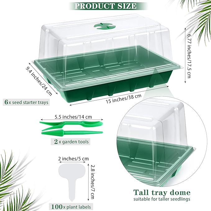 6 Packs Seed Starter Tray Kits with Humidity Dome, Plastic Germination Growing Trays with Plants Labels Planting Tools for Seeds Growing Starting, Germination Seedling Propagation, Green