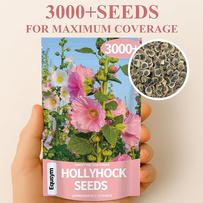 Hollyhock Seeds 3000+ Bulk Pack - Mixed-Color Perennial Blooms, Attracts Pollinators, Easy to Grow, Tall Garden Beauty - Perfect for Outdoor Landscaping, Backyard Shade, and Cottage Flower Gardens