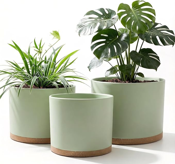 10/9/8 Inch Large Plant Pots with Drainage Holes and Trays, 3 Pack Modern Minimalist Cylinder Planters for Monstera, Snake Plant, Indoor Outdoor (Matte Green & Brown)