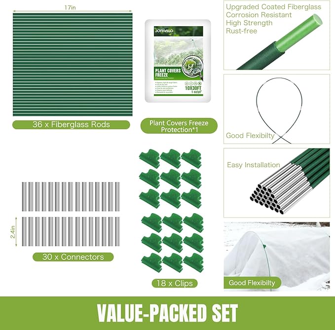 JOYHALO Plant Covers Freeze Protection Kit for Winter, 10 x 30Ft Plant Freeze Protection Cover for Outdoor Plants with 36Pcs Garden Hoops & Clips, Plant Blanket for Frost Snow Protection