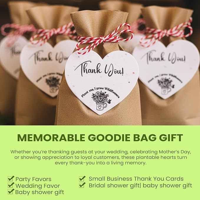 50 Plantable Seed Paper Hearts with Wildflower Seeds- A Thank You Card That Grows | A Memorable Gift Tag That Keeps Giving | 2.5in x 2in Thank You Note for Bridal Shower, Weddings, Holidays, and for Small Business Thank You Cards