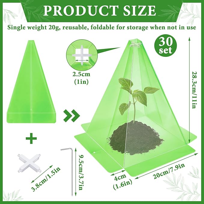 Garden Cloches, 30 Pack Plastic Small Plant Seedling Protector, Reusable Green Clear Bell Covers with 60p Ground Securing Peg, 7.8" x 11" Green Mini Greenhouse to Protect Plants from Birds, Slugs, Sun