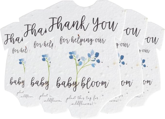 Seed Bloom Onesie Seed Paper – 5 Blue Shower Favors for Guests with Wildflower Seeds, Writable & Plantable, Shower Favor Gifts for Guest