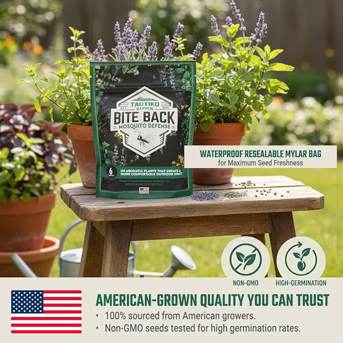 Tactiko Garden Aromatic Herb Seed Kit for Mosquito Season – 6 Individual Seed Packets for Patio & Deck - Lavender, Lemongrass, Marigold, Catnip, Lemon Balm. Basil – Starter Kit with 6 Coir Soil Discs