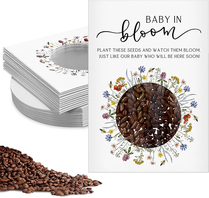 Fumete 50 Pack Baby in Bloom Seed Packets Baby Shower Party Favor for Guest Envelopes Kraft with Clear Window Resealable Seed Organizer Storage Bag for Gender Reveal Party, No Seeds(Colored Flowers)