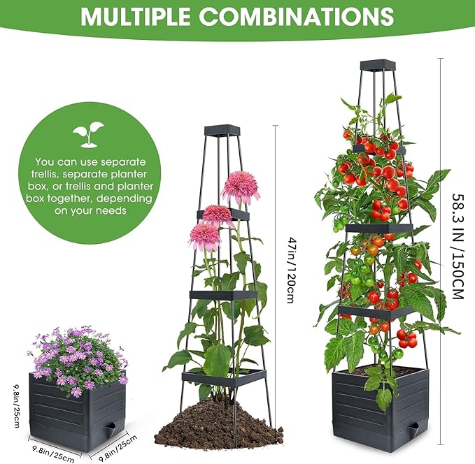 MYMULIKE 2 Pack Raised Garden Bed Planter Box with Trellis, 58” Tomato Cage Planter Raised Garden Bed with Trellis for Climbing Vegetables Plants Tomato Cage w/Self-Watering, Indoor Outdoor Use