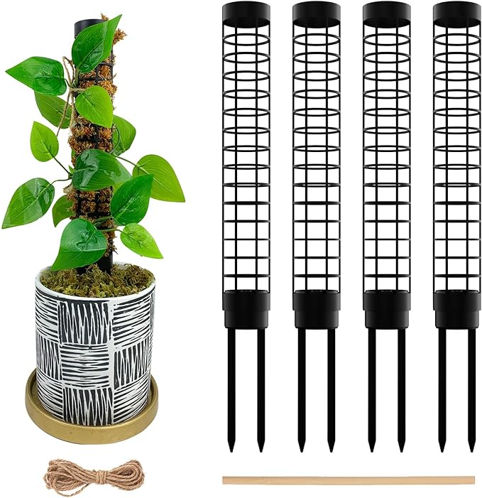 Small Moss Pole for Monstera - Stackable & Refillable Plastic Moss Poles for Climbing Plants with Large Mesh Design (4Pack-Black-Small)