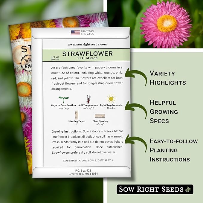 Sow Right Seeds - Tall Mixed Strawflower Seeds - Non-GMO Heirloom Packet with Instructions to Grow - Beautiful to Plant in Your Flower Garden - Cut Flower Favorite - Wonderful Gardening Gift (2)
