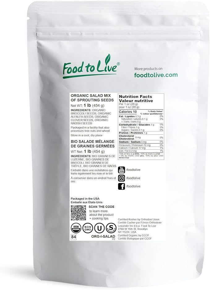 Food to Live Organic Salad Mix of Sprouting Seeds, 1 Pound – Non-GMO Broccoli, Radish, Clover, Alfalfa. Rich Germination Rate, Non-Irradiated, Kosher, Vegan Superfood, Bulk, Rich in Sulforaphane