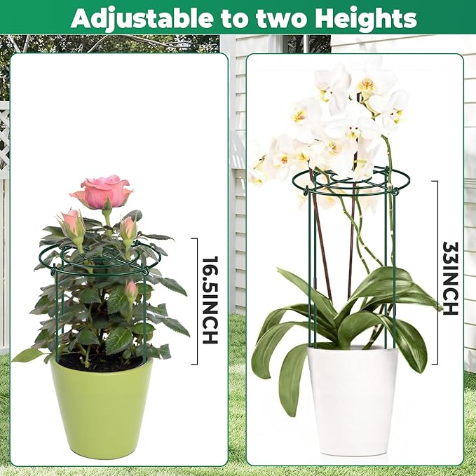 QwayHome 3Pack Peony Cages and Supports, 33'' H x 13''D Grow Through Plants Support, Adjustable High, Heavy Duty, Rust-Resistant, Round Plant Support Ring for Rose Tomato Strawberry Indoor Outdoor