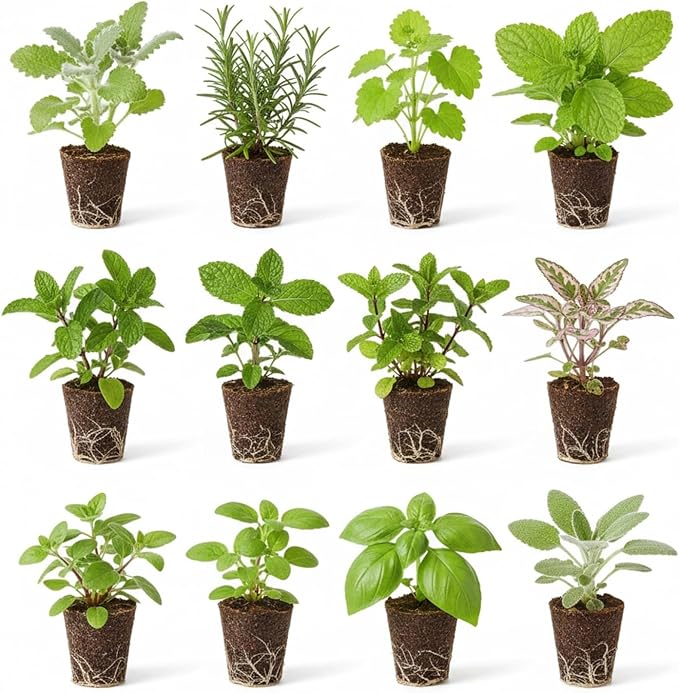 Set of 4 Assorted Herb Plants, 3-6 Inch Live Fragrant Herbs for Garden, Kitchen - Rosemary, Mint, Oregano, Basil, Lavender and More, Herb Bare Roots, Easy to Care