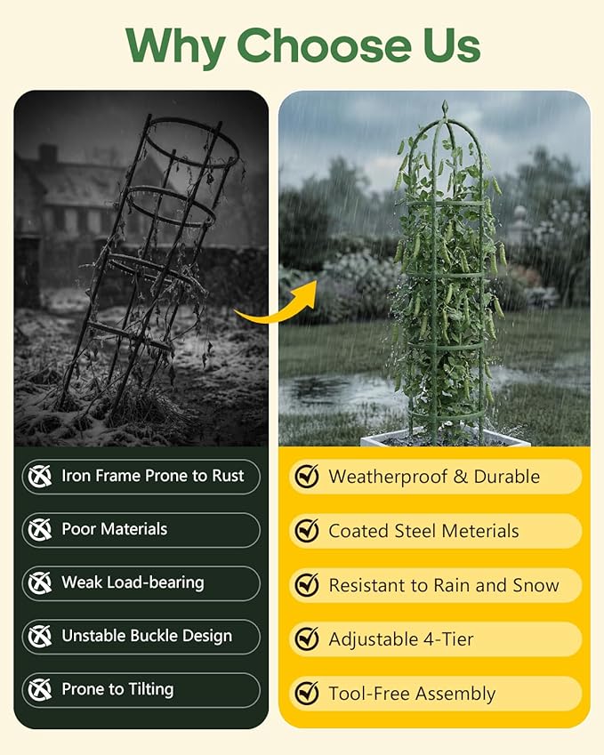 Joyhalo 2 Pack Trellis for Climbing Plants Outdoor, 74 Inch High Adjustable Garden Trellis for Flowers, Green Plastic Coated Steel Plant Stakes Use As Tomato Cage