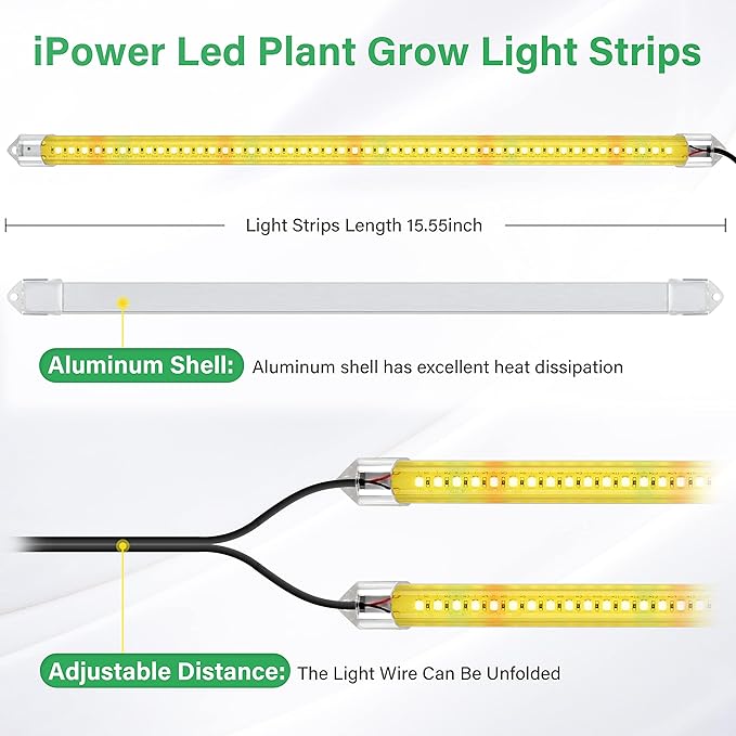 iPower 20W LED Grow Lights with Full Spectrum Plant Growing Light Strips for Indoor Plant with Auto ON/Off 3/9/12H Timer, 10 Dimmable Levels 48 LEDs Per Tude, 2 Tubes, Yellow