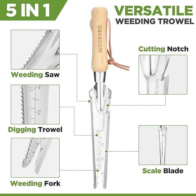 WORKPRO Hand Weeder Puller, 5-in-1 Stainless Steel Garden Trowel with Wooden Handle,Gardening Weeding Tool for Easy Weeder Removal, Planting, Weeding, Flower & Vegetable Care in Garden Lawn Yard