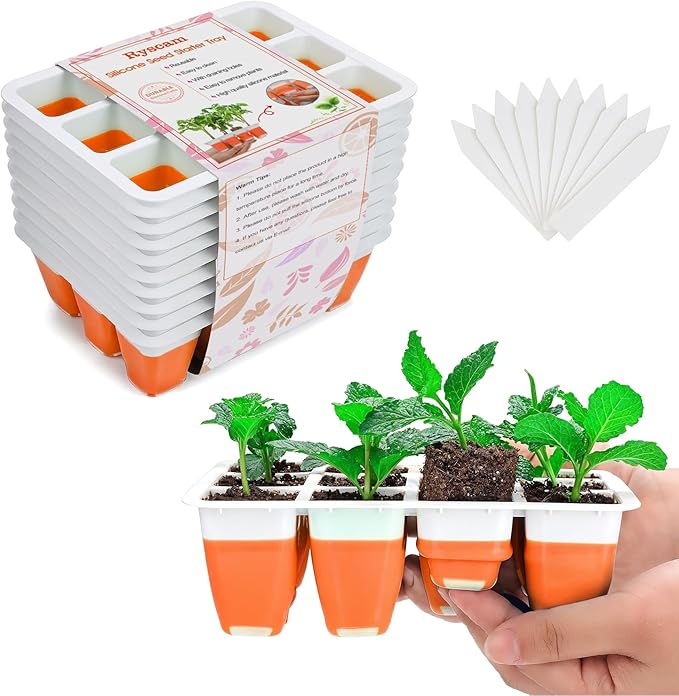 Seed Starter Tray, Reusable Seed Starter Kit, Silicone Seedling Starter Trays for Starting Plant Seeds, Seed Starting Trays with Flexible pop-Out Cells, Indoor Plant Germination Trays (Orange 10PCS)
