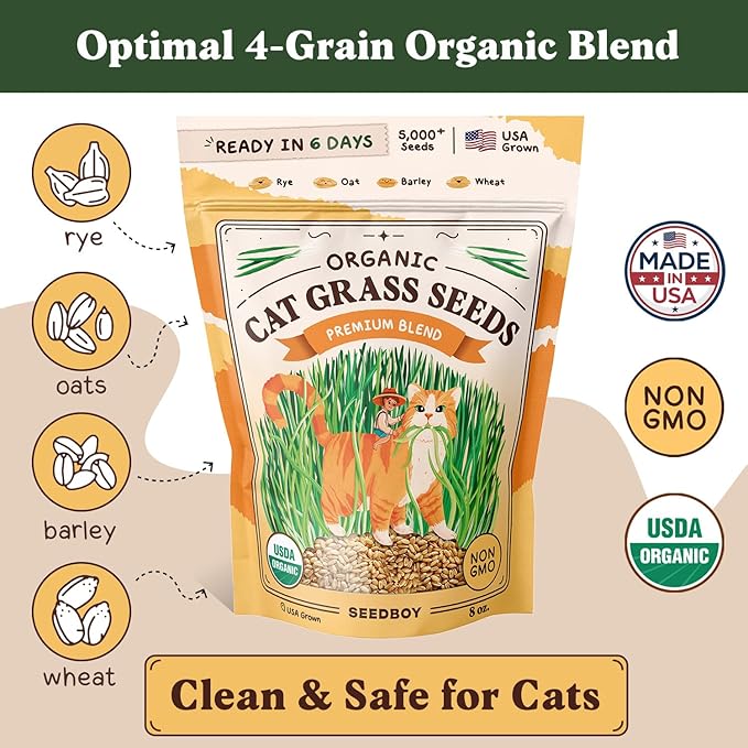Seedboy Organic Cat Grass Seeds for Planting, Non-GMO Wheat, Oat, Rye, and Barley Cat Grass for Indoor Cats (8 oz)