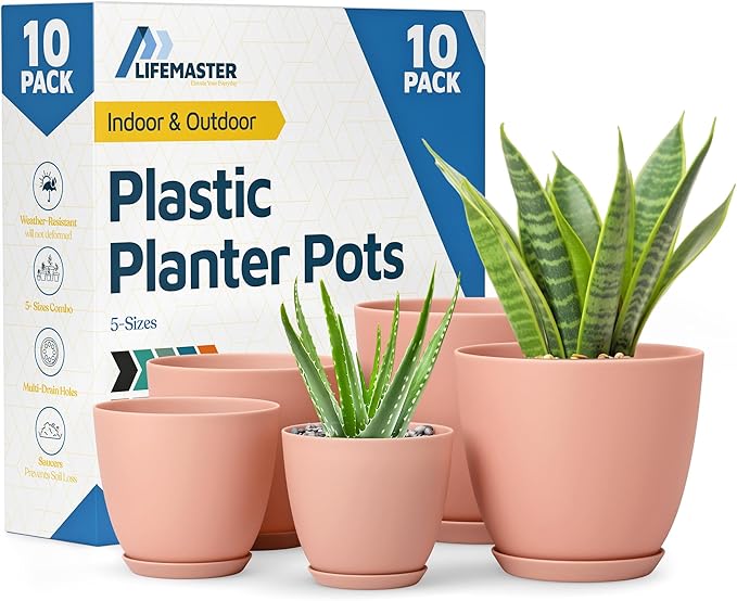 Planter Pots with Drainage Holes - Lightweight, Durable, and Space-Saving Pots for Indoor and Outdoor - Versatile Functionality, Simple Modern Design, Set of 10 Plastic Planter Pots - Pink